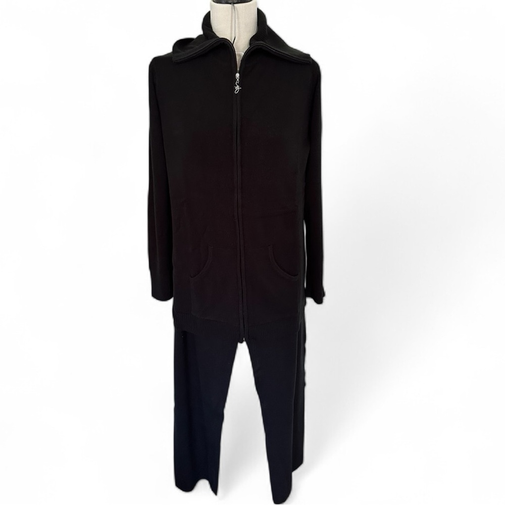 Susan Graver Plush Knit Black Zip Up Sweater & Matching Pants QVC New Sz S